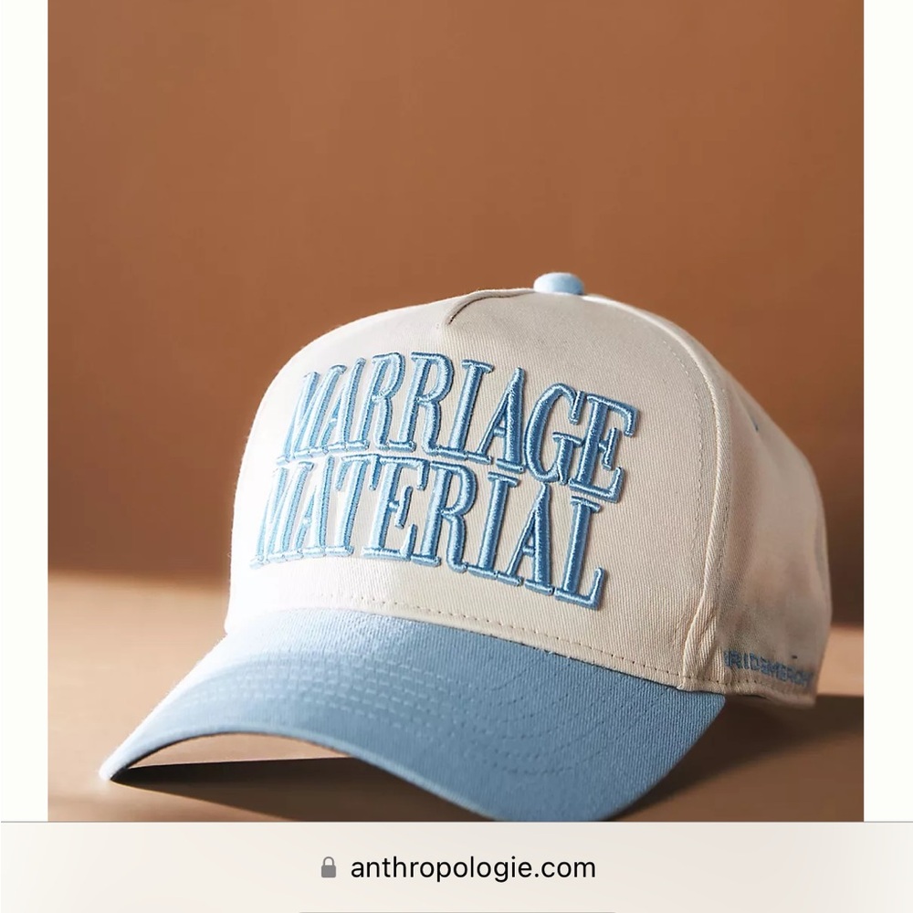 Anthropology BRIDEMERCH Marriage Material Hat Light Blue and White